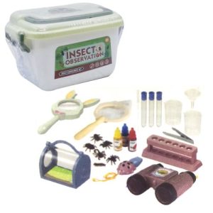 Набір для дослідів (бінокль, пробірки, пінцет, лупу, сачок, флакони з "реактивами", моделі комах)в боксі
