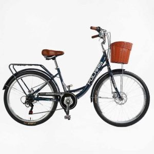 Велосипед міський Corso «Polaris» 26`` PS-12833 + КОШИК СИНІЙ сталева рама 16.5``, Shimano 7 швидкостей, корзина, багажник