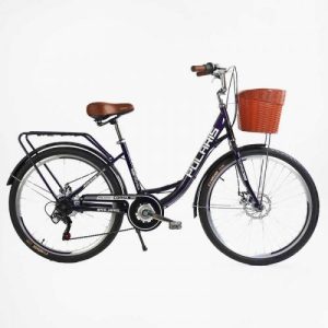 Велосипед міський Corso «Polaris» 26`` PS-36620 + КОШИК БАКЛАЖАНОВИЙ, сталева рама 16.5``, Shimano 7 швидкостей, корзина, багажник
