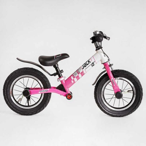 Велобіг "Corso Skip Jack", Рожево-білий (надувні колеса 12, сталева рама з амортизатором, ручне гальмо, підніжка)