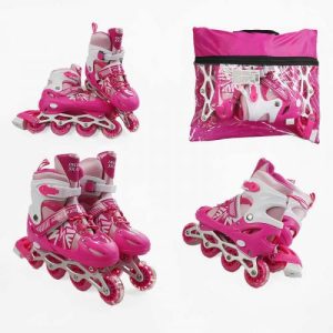 Ролики (розмір 39-43; колір – РОЖЕВИЙ; колеса PVC, устілка 24-27 см, ПЕРЕДНЄ КОЛЕСО СВІТЛО, d – 6.5 см) в сумці