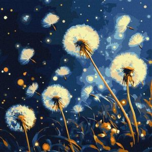 Картина по номерах "Летючі кульбаби у вечірньому небі" з фарбами металiк, 40х40 см