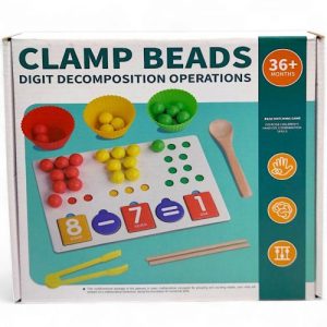 Логічна гра, деревʼяна, 22х15см (дощечка сортувальна, вкладиші-цифри, камінці сортувальні, кошики, щипчики, ложечка, палиці)