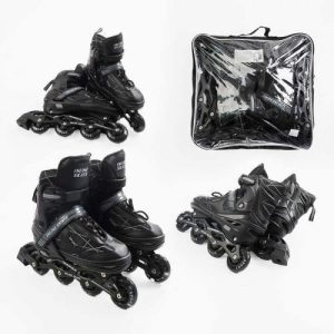 Ролики (розмір 34-38/ колір – ЧОРНИЙ (6) колеса PU, устілка 20-24 см, ПЕРЕДНЄ КОЛЕСО СВІТЛО, d – 6.5 см, в сумці)