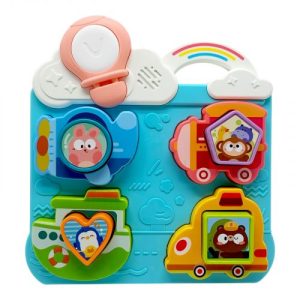 Бізіборд "Цікаві Подорожі" (блакитний) (сортер, 15 пісень, 8 казок, назви та звуки транспорту, підсвічування)