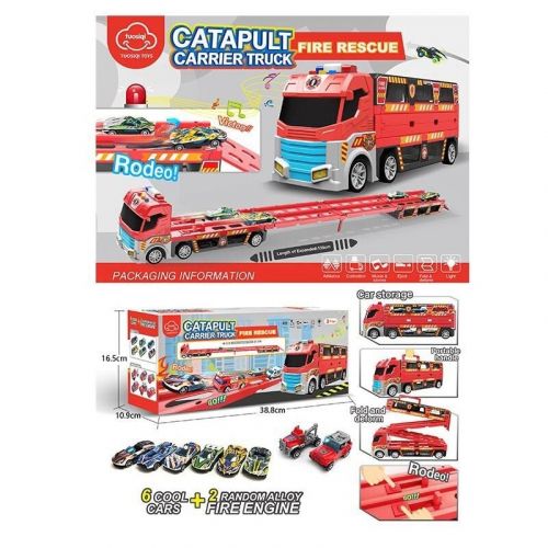 Трейлер-трек “Пожежна машина”, розмір 38х10.5х15 см, довжина треку 135 см, механічний запусач, підсвічування, звук, 2 металопластикові моделі, 6 пластикових моделей, в коробці