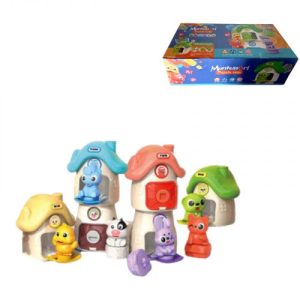 Логічна гра Монтессорі, 6 будиночків, розмір 10х7.5х10 см, 6 тваринок, кольори, назви, цифри, написи англійською мовою, відчиняються дверцята, в коробці