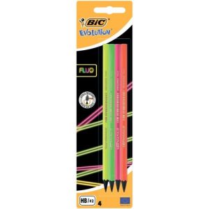 Набір олівців чорнографітних BIC Evolution Fluo HB, 4 шт. з гумкою