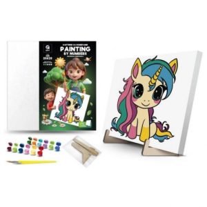 Картина по номерах з фарбами металік "Веселкова Єдиноріжка" (25х25 см) з деревʼяною підставкою