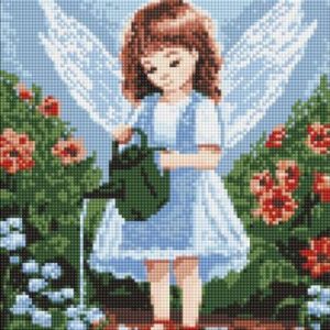 Алмазна мозаїка без підрамника - "Янголятко в саду" з голограмними стразами (AB) ©art_selena_ua, 30х40см
