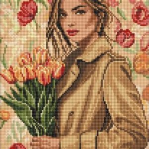 Алмазна мозаїка - "Дівчина у пальто з тюльпанами" ©art_selena_ua, 30х40см