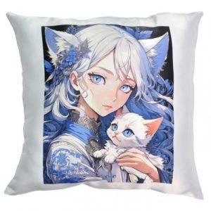 Подушка "Аніме дівчина з кошеням" (розмір 35 см) рожева з нанесенням сублімації