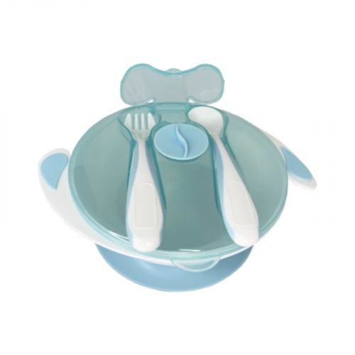 Тарілка на присосці з ложкою та виделкою (БЛАКИТНА)