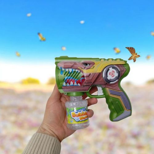 Пістолет з мильними бульбашками "Динозавр" підсвічування, 10 отворів, на батарейках (зелений)