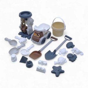 Пісочний набір 20 елементів - машинка самоскид, млин, лопатки, граблі, сито, відро, 11 формочок