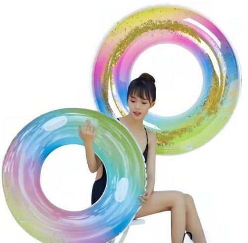 Надувне коло для плавання, ПВХ, з ручками, 100 см, з блискітками та райдужним принтом