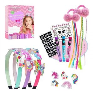 Набір прикрас 3 обручі, 3 ручки з блискітками, прядки, резинки, декоративні елементи, двосторонні наліпки-фіксатори, в коробці