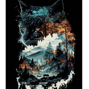 Картина по номерах на чорному фоні "Кішка в подвійній експозиції" 40х50 см