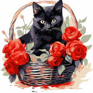 Картина по номерах "Чорна кішка з трояндами" 20х20 см