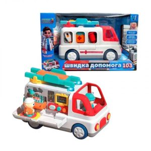 Музична машинка ОЗВУЧУВАННЯ УКРАЇНСЬКОЮ МОВОЮ, "Швидка допомога", пісні, цікаві факти, віршики, підсвічування, сирена, 2 фігурки: пацієнт та лікар, 2 режими гучності, рухомі елементи, в коробці