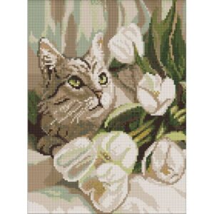 Алмазна мозаїка "Зеленоокий кіт з тюльпанами" 30х40 см