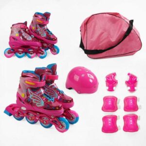 Ролики з захистом розмір 35-38 (6) колір РОЖЕВИЙ, колеса PU, ПЕРЕДНЄ КОЛЕСО СВІТЛО, устілка 21-24 см, d колес – 6.5 см, в сумці