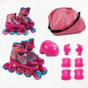 Ролики з захистом розмір 31-34 (6) колір РОЖЕВИЙ, колеса PU, ПЕРЕДНЄ КОЛЕСО СВІТЛО, устілка 17-20 см, d коліс – 6 см, в сумці