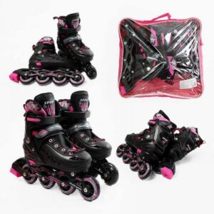 Ролики розмір 34-38 (6) колір РОЖЕВИЙ, колеса PU, d – 7 см, устілка 20-23 см, алюмінієва рама, гальма, переднє зі світлом, підшипник ABEC-7, в сумці