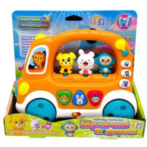Автобус-каталка (регулювання гучності, віршики, 6 казок, звуки, підсвічування, мелодії, рухомі елементи, пісні) укр