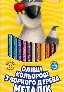 Олівці кольорові круглі з чорного дерева Металік + чинка - 12 кольорів